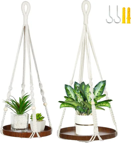 Vista 9 de Colgador de macramé de 2 niveles Colgador de plantas para interiores, maceta colgante Estante para macetas colgantes (beige)
