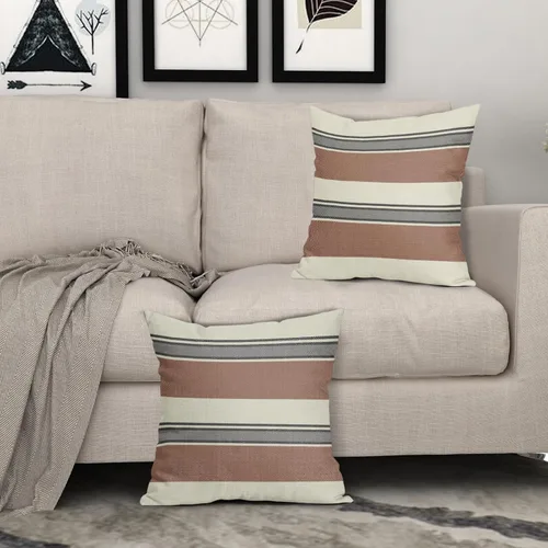 Vista 3 de Juego de 2 fundas de almohada a rayas negras y marrones de 16 x 16 pulgadas, diseño de rayas bohemias con estampado de rayas color crema, fundas