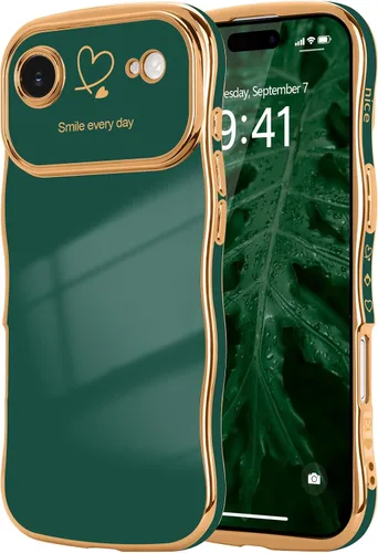 Vista 72 de LCHULLE - Funda para iPhone Air, linda para mujeres y niñas, con forma de onda, color azul bebé Luxury Plating Curly Wavy Frame with Love Heart
