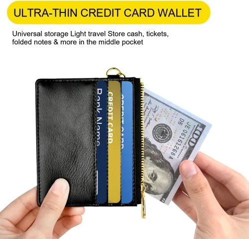 Vista 41 de URAQT Cartera para tarjetas de crédito, cartera minimalista de cuero delgado con cremallera, mini protector de tarjeta de crédito, llavero bolsillo