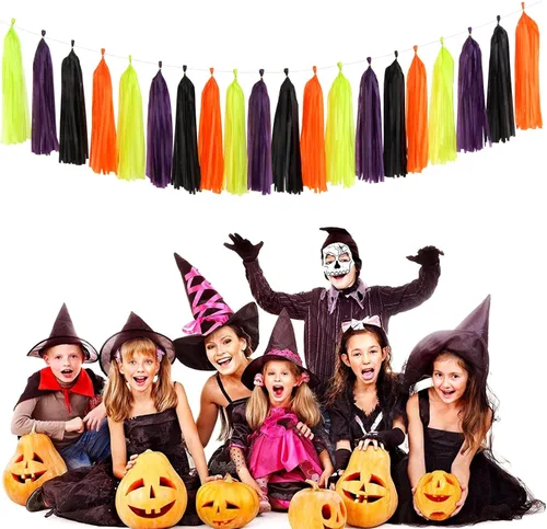 Vista 5 de Decoraciones de Fiesta de Halloween Negro-Morado Naranja Verde - 30 piezas Pompones de Papel Tissue, Serpentinas, Guirnalda de Borlas, Pancarta
