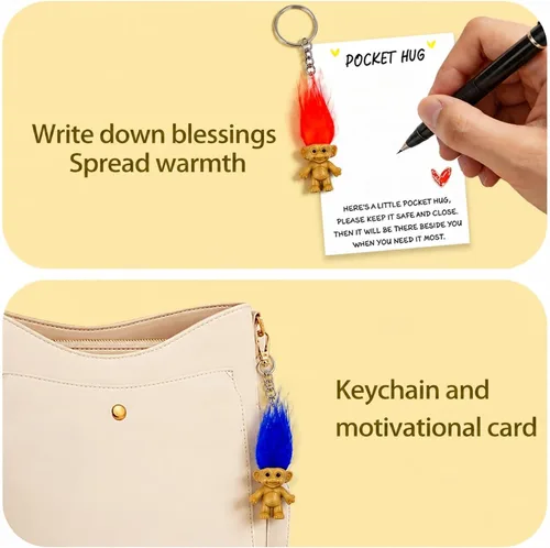 Vista 6 de 10pcs Pocket Hug Cards with Vintage Lucky mini troll dolls keychains