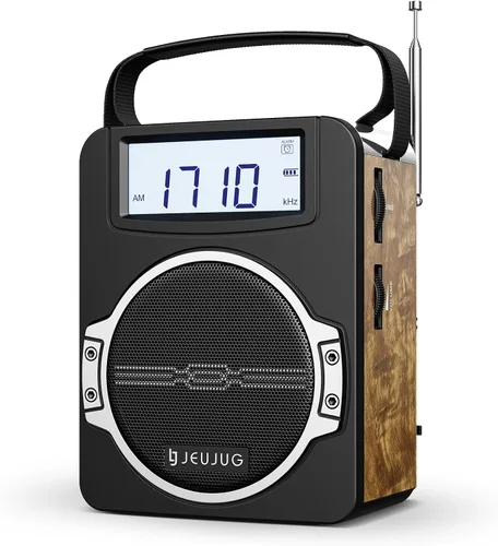 Vista 8 de JEUJUG Radio AM FM portátil, Radio Bluetooth 5.0 de 5 Watts con altavoz, Radio FM con batería recargable incorporada/Batería DC D*4 de celdas Negro