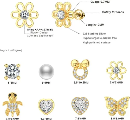Vista 4 de TOPBRIGHT 8 pares de aretes hipoalergénicos de plata de ley 925, aretes de tuerca de corazón blanco con circonita cúbica pequeña mariposa