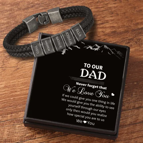 Vista 5 de Pulsera personalizada con nombre para hombre, pulsera de cuero personalizada para hombre con 2-5 cuentas vintage grabadas con nombres de familia