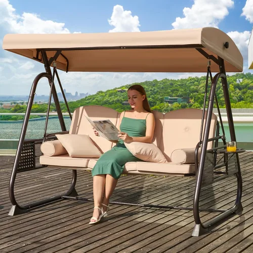 Vista 11 de Columpio de porche para exteriores 3 en 1 con toldo ajustable, columpio de 3 asientos para adultos, columpio de patio con cojines gruesos, almohadas