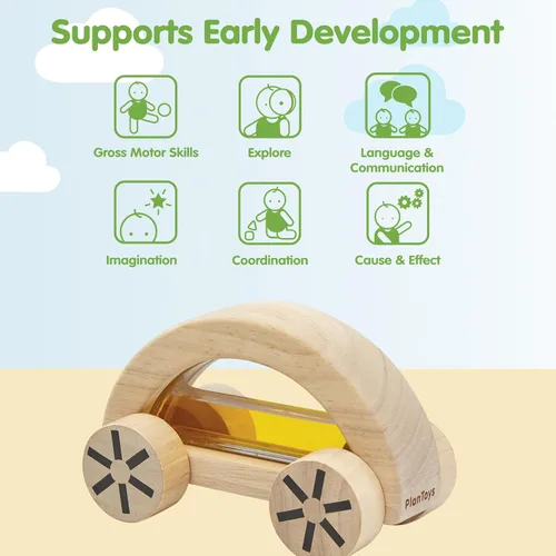 Vista 4 de PlanToys® Wautomobile - Coche de juguete de madera Montessori amarillo