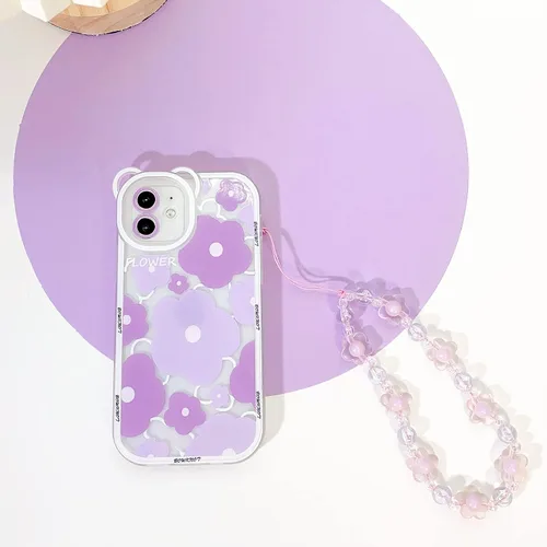 Vista 2 de NITITOP Funda compatible con iPhone 11, funda transparente con diseño de oso floral y cadena de pulsera de flores para mujeres y niñas, funda de TPU
