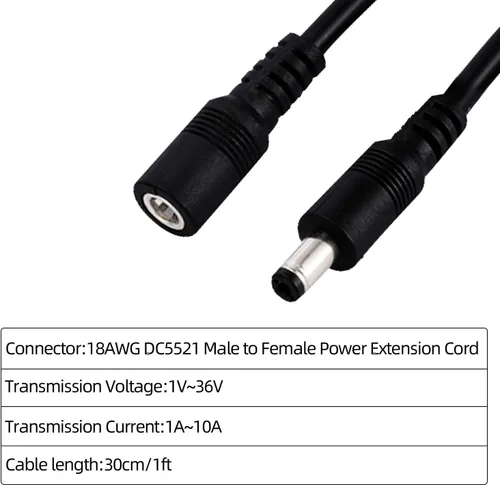 Vista 5 de Cable de extensión de alimentación CC de 1 pie, 5.5 mm x 2.1 mm, 18 AWG, macho a hembra, cable de extensión de 12 V para cámara de vigilancia CCTV