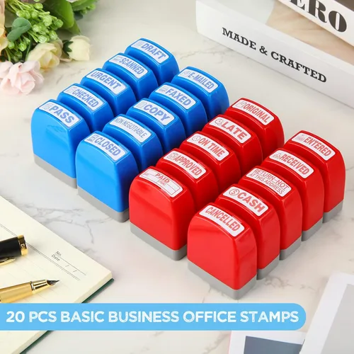 Vista 2 de Tinlade Juego de 20 sellos de oficina con mensaje autoentintado para oficina, negocios, mensaje, cuenta, archivo, texto, trabajo, tinta azul y roja