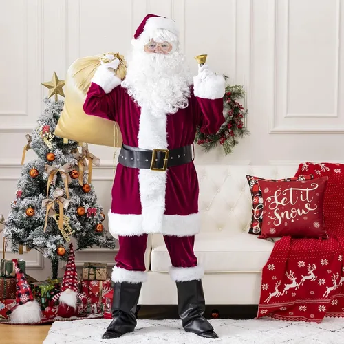Vista 3 de Sunolga Santa Claus Costume Santa Costume Velvet Santa Suit 11 Pcs Christmas Costumes for Adults Men Santa Hat