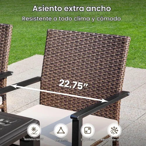 Vista 5 de PHI VILLA Juego de comedor al aire libre de 7 piezas para 6, mesa rectangular de hierro forjado de 152 cm con orificio para sombrilla y sillas