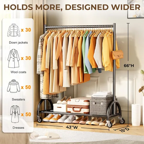 Vista 4 de KEETDY Percheros de ropa resistentes para colgar ropa, perchero resistente con ruedas, estantes de armario independientes, capacidad de carga de 210