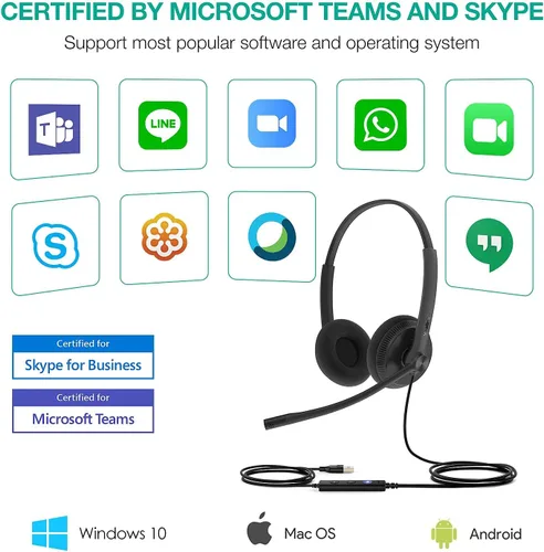 Vista 5 de Yealink Auriculares USB UH34 con micrófono, auriculares estéreo con cable con micrófono de cancelación de ruido, auriculares profesionales