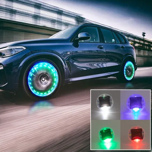 Vista 2 de Luces de rueda de neumáticos de automóvil, 4 piezas de luz de tapa de válvula de aire con sensores de movimiento, luz LED colorida para neumáticos