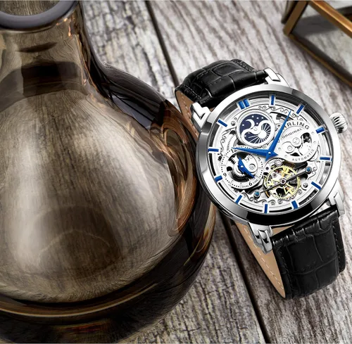 Vista 4 de Stuhrling Original Legacy – Reloj automático para hombre, de acero inoxidable, con correa de cuero genuino negro, caja de 46 MM