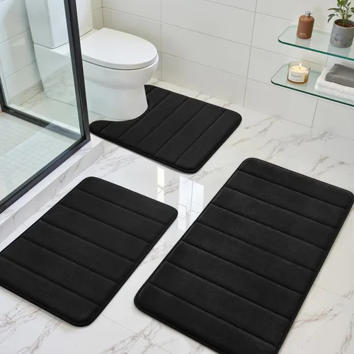 Vista 23 de BYSURE Juego de 3 tapetes de baño de espuma viscoelástica color beige, antideslizantes, extra suaves, absorbentes, lavables a máquina y secos