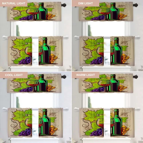 Vista 9 de Shrahala Cortinas opacas con diseño de uvas maduras de dibujos animados, copa de vino y botella, cenefa de cocina, cortinas de bloqueo de luz