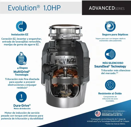 Vista 2 de InSinkErator EVOLUTION 1 HP 1 CV, Serie Avanzada de Triturador de Residuos Alimenticios con Alimentación Continua, Gris