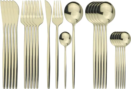 Vista 22 de Juego de cubiertos negros de acero inoxidable de 24 piezas, servicio para 6, vajilla pulida con espejo, cuchillo tenedor y cuchara para el hogar