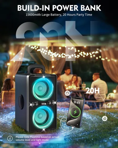 Vista 7 de YIER Altavoz Bluetooth, altavoz de fiesta de pico de 240 W con graves grandes, tiempo de reproducción de 20 horas, TWS, BT5.3, caja de auge