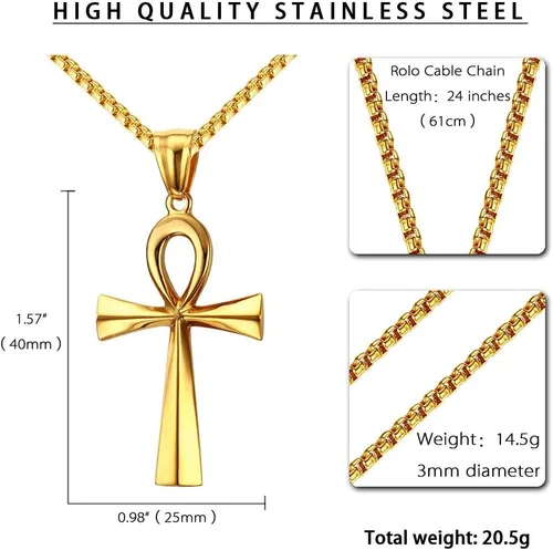 Vista 21 de Reve Collar con colgante religioso de cruz de Ankh copta de acero inoxidable para hombres y mujeres, cadena de 20 a 24 pulgadas