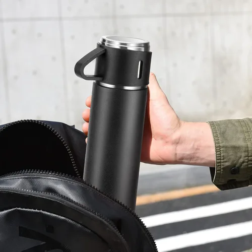 Vista 6 de Termo de acero inoxidable 500ml/16.9oz botella aislada al vacío con taza para café, bebidas calientes y bebidas frías, cantimplora de agua.
