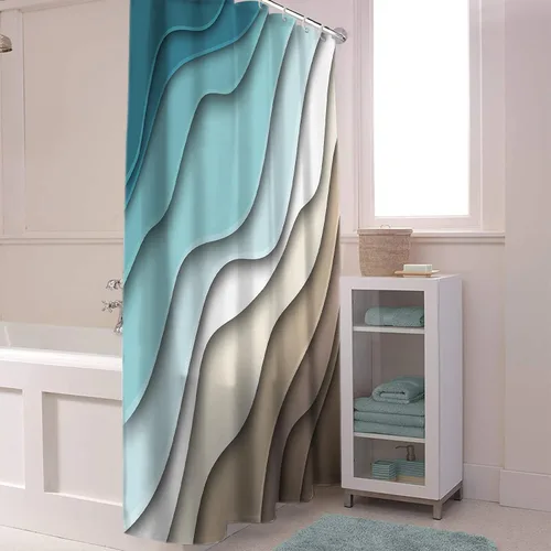 Vista 4 de BestLives Cortinas de ducha verde azulado azul moderno geométrico cortina de baño marrón abstracto ola océano impermeable tela de poliéster cortina