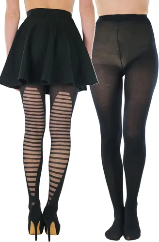 Vista 5 de ToBeInStyle Mallas de rayas opacas transparentes a rayas para mujer Lado de ganchillo - Negro