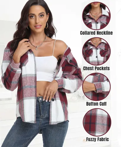 Vista 4 de Chaqueta a cuadros para mujer, casual, con botones, manga larga, ropa de moda para otoño