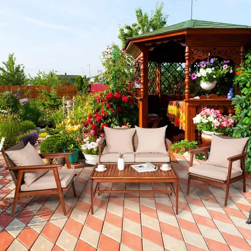 Vista 2 de Tangkula juego de 4 sofás de madera de patio, juego de asientos de madera de acacia para exterior con cojines y mesa de centro, juego de sofá