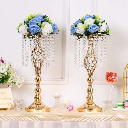 Vista 2 de Sziqiqi - Centro de mesa elevado floral dorado para mesa de boda de 21.7 pulgadas de altura con centros de mesa de flores de cristal y cuentas