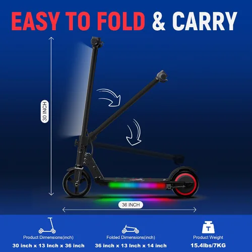 Vista 6 de Classic Foldable Electric Scooter for Kids, Bright Front Lights, Shining Pedal Lights, LED Display, Dual Brakes 150W Motor Kids Electric Scooter