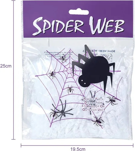 Vista 3 de Boao 6 telarañas elásticas de Halloween con 12 arañas de plástico para decoración de Halloween en interiores y exteriores Stretch Cobwebs