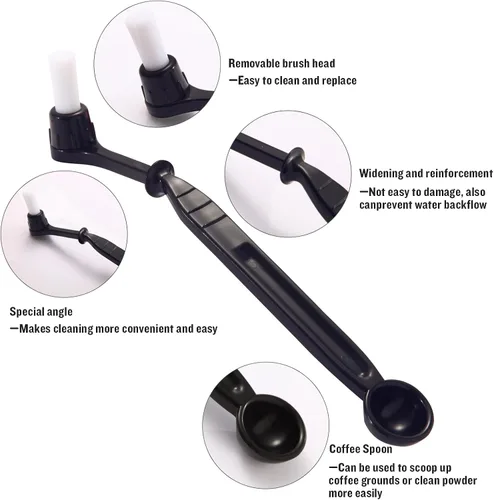 Vista 2 de Kit de cepillos de limpieza para cafetera, 2 cepillos de limpieza de café con cucharas y 2 cabezales de cepillo extraíbles para máquina de café