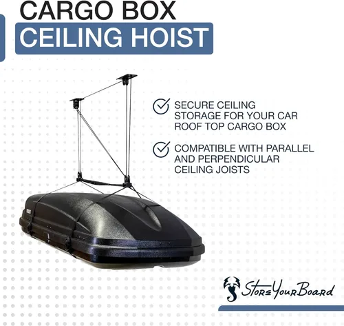 Vista 3 de StoreYourBoard Sistema de polea para caja de carga – Polipasto resistente para garaje, ideal para portaequipajes en el techo – Polipasto de techo