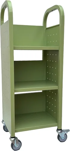 Vista 6 de Workington Carrito de libro con ruedas de un solo banco con 3 estantes planos, carrito de libros de biblioteca con ruedas giratorias bloqueables