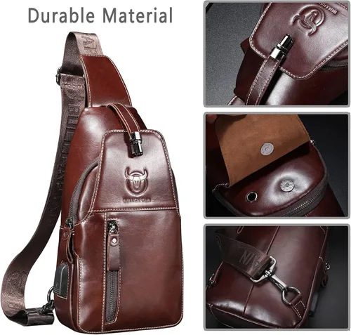 Vista 4 de BULLCAPTAIN Bolso bandolera de cuero genuino para hombre, mochila cruzada para senderismo, casual, bolsa de hombro con puerto de carga USB