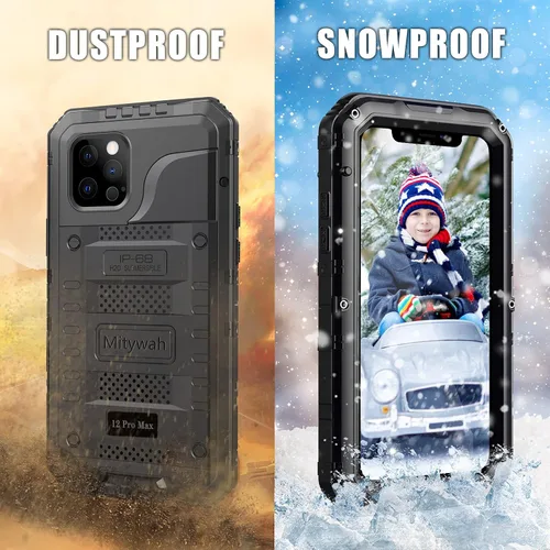 Vista 8 de Mitywah Funda impermeable para iPhone 12 Pro Max, funda de metal resistente de grado militar, protección de cuerpo completo, resistente, a prueba