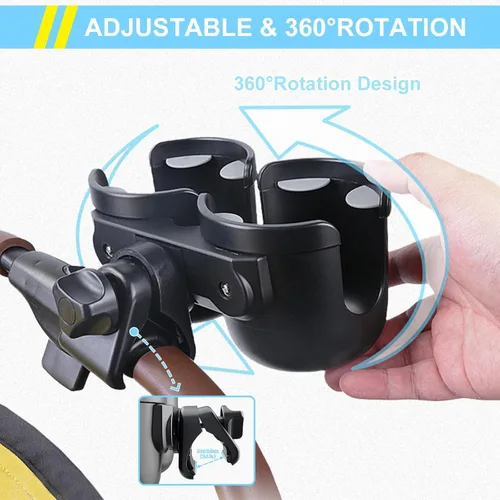 Vista 3 de JINKEY Soporte universal de doble taza de rotación de 360° para cochecito de bebé, ajustable 2 en 1 doble soporte para cochecito para bicicleta