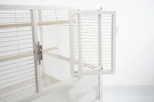 Vista 7 de Jaula apilable para pájaros de cría con deflector a prueba de salpicaduras, soporte rodante con ruedas, para pajareros, canarios, cacatúas
