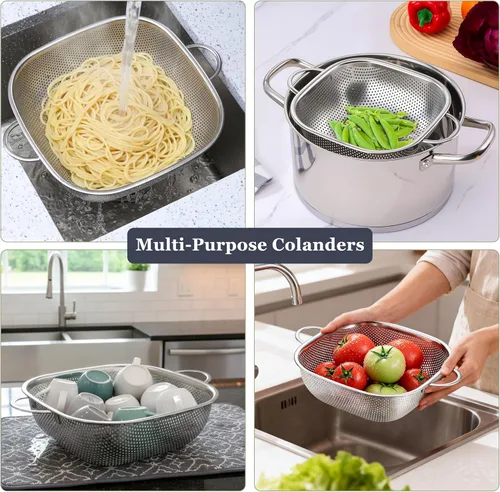 Vista 4 de E-far Paquete de 3 coladores para cocina, colador cuadrado de metal de acero inoxidable con asa para drenar alimentos, pasta, verduras