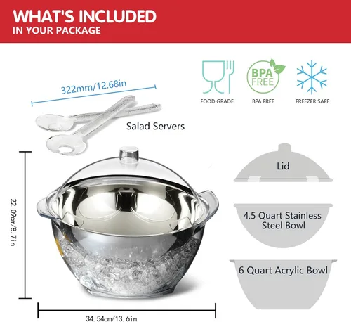Vista 2 de INNOVATIVE LIFE Gran cuenco de ensalada con base enfriadora de hielo y tapa, bandeja refrigerada de cocina para verduras con dos cucharas largas