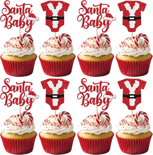 Vista 9 de Paquete de 24 Adornos Navideños Oh Baby para Cupcakes con Sombrero de Navidad con Purpurina, Palillos de Comida para Baby Shower para Niños y Niñas