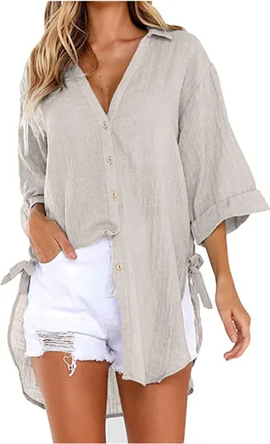 Vista 37 de Camisas de manga larga con botones para mujer, asimétricas, casuales, con cordones, túnica de gran