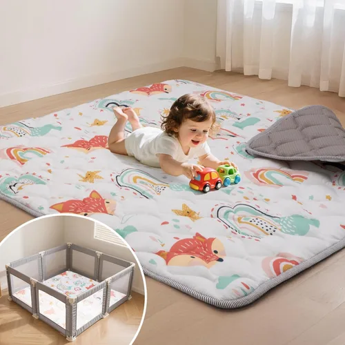 Vista 9 de Alfombra de Juego para Bebé para Piso, 50x50 Pulgadas de Acolchado Suave, Alfombra de Gateo Plegable y Lavable a Máquina, Gruesa para Bebés y Niños