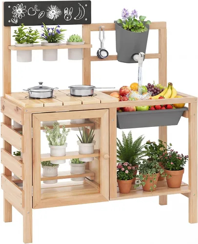 Vista 12 de Costzon Cocina de barro, cocina de juego al aire libre con fregadero, grifo, estufas y accesorios de cocina, estante de almacenamiento, carrito