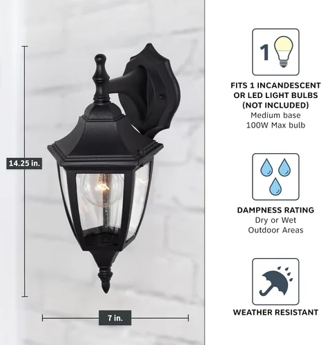 Vista 4 de Designers Fountain Waterbury Luminaria Exterior, Farol de Pared Exterior de 14.25 Pulgadas con Aplique para Puerta Principal, Patio y Porche, Negro