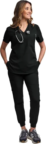 Vista 6 de Green Town Conjunto de ropa quirúrgica para mujer, pantalón deportivo y parte superior con cuello en V, 5 bolsillos, cintura de yoga, uniforme