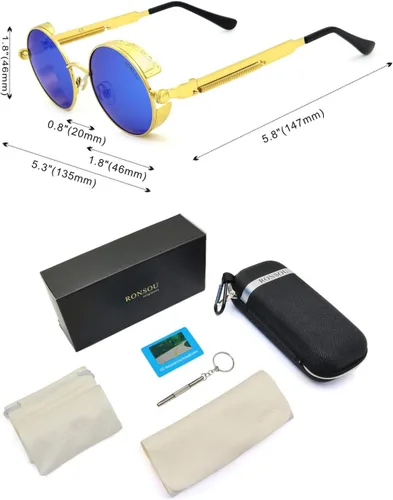 Vista 4 de RONSOU - Lentes de sol polarizados estilo steampunk redondas y vintage, con protección UV400, con marco